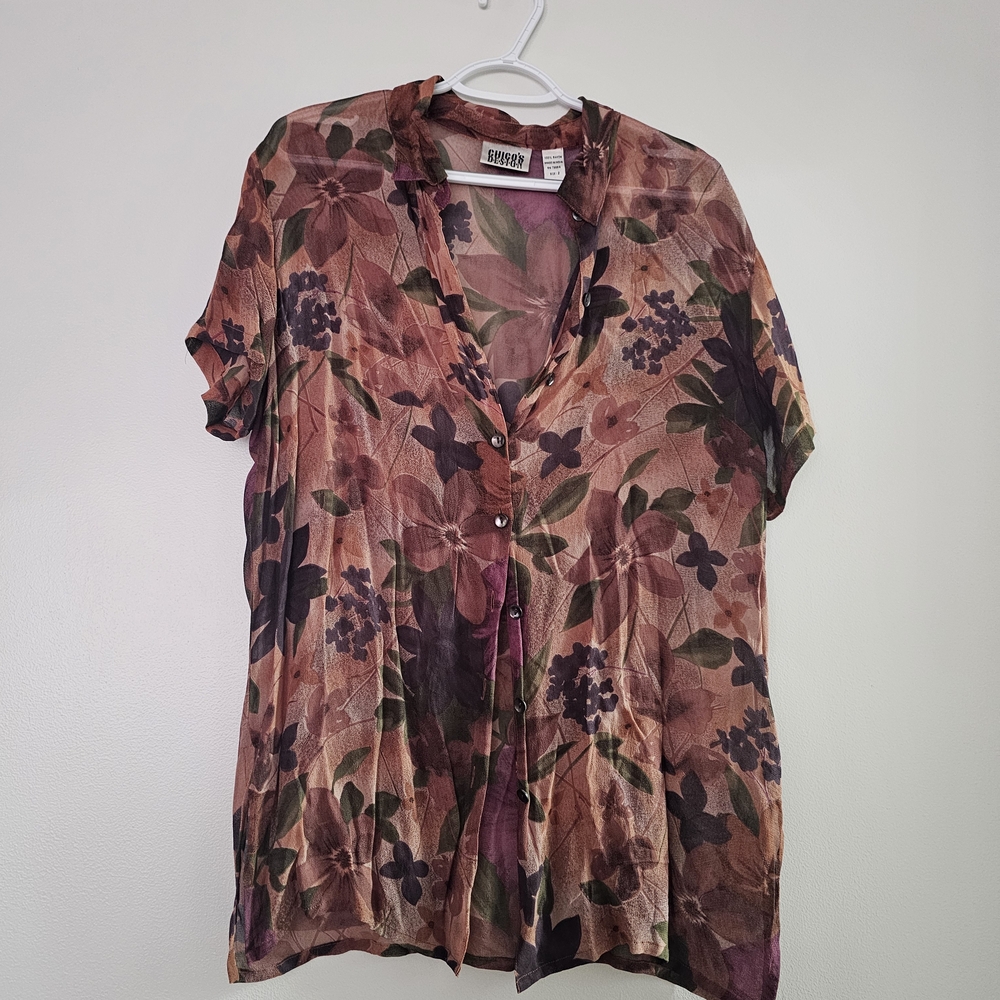 Chico's Multicolor Floral Sheer Blouse Whimsigoth Grunge Boho Button Down 90s